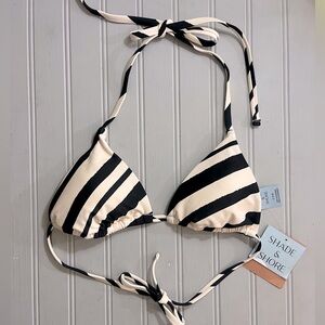 Shade & Shore Striped Triangle Bikini Swim Top Womens Small‎ Black Cream NWT
